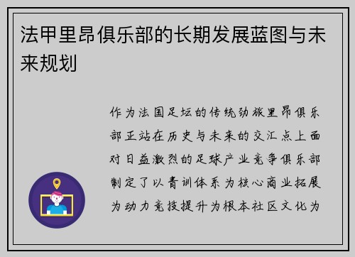 法甲里昂俱乐部的长期发展蓝图与未来规划