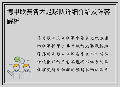 德甲联赛各大足球队详细介绍及阵容解析