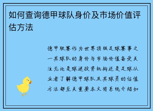 如何查询德甲球队身价及市场价值评估方法